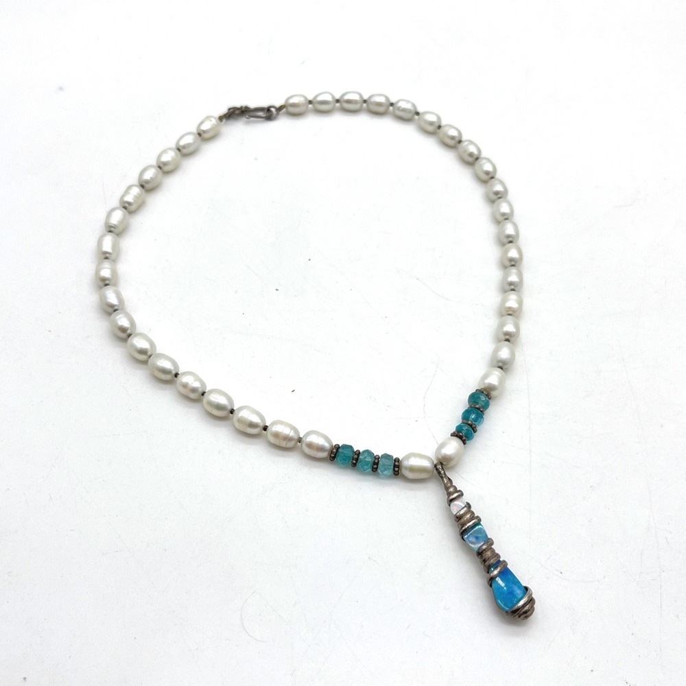 Faux Pearl Necklace Teal Beads Wire Wrapped Color Shift Pendant 16in